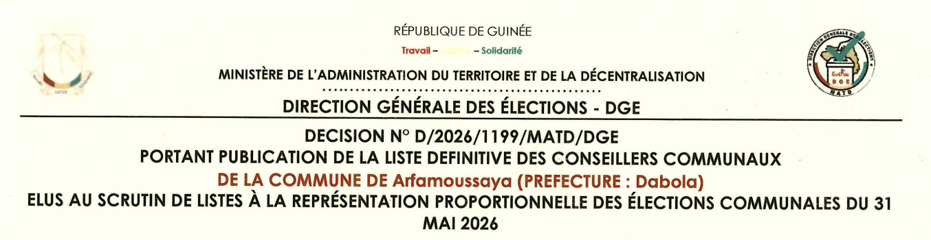 Publication des résultats définitifs de l’élection communale du 31 mai 2026 de la Préfecture de Dabola