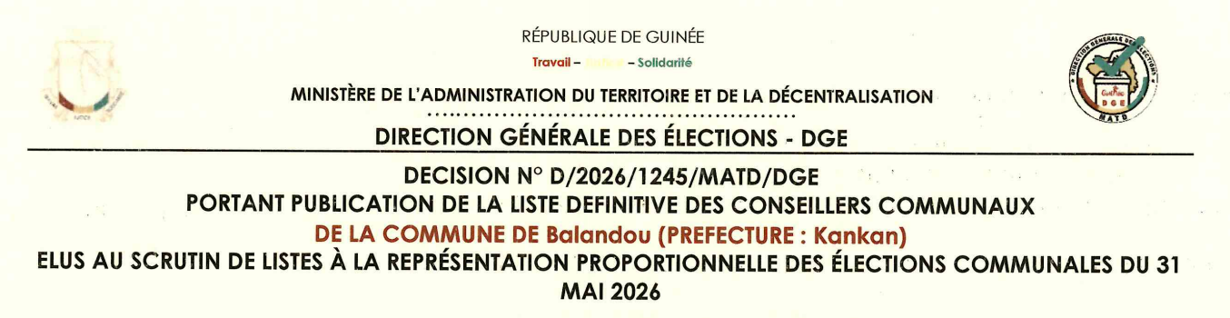 Publication des résultats définitifs de l’élection communale du 31 mai 2026 de la Préfecture de Kankan