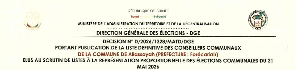 Publication des résultats définitifs de l’élection communale du 31 mai 2026 de la Préfecture de FORECARIAH