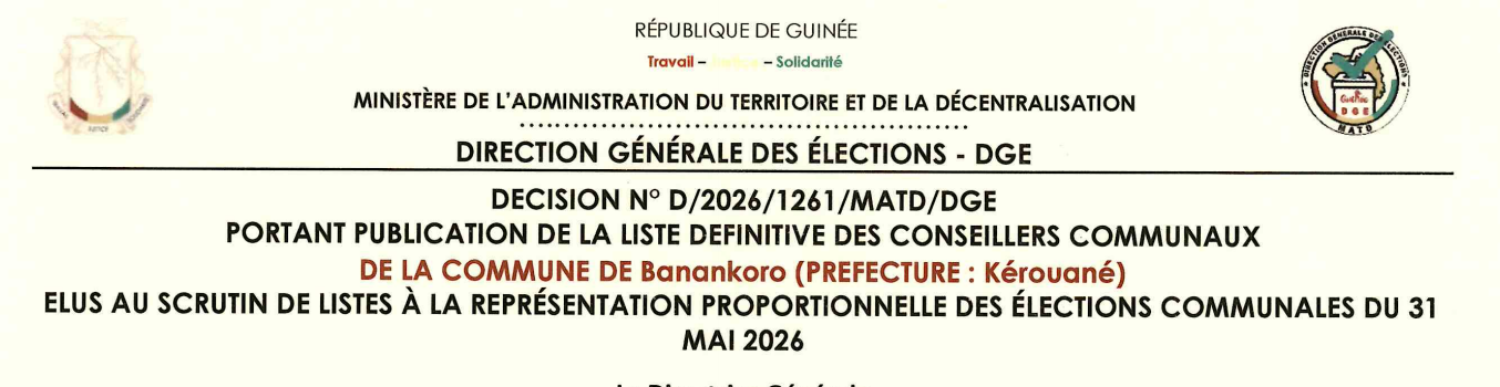 Publication des résultats définitifs de l’élection communale du 31 mai 2026 de la Préfecture de Kérouané