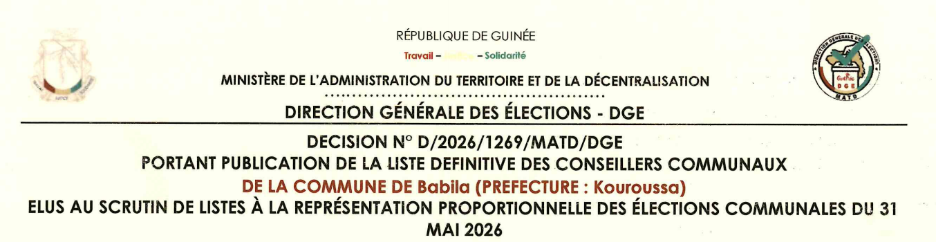 Publication des résultats définitifs de l’élection communale du 31 mai 2026 de la Préfecture de Kouroussa