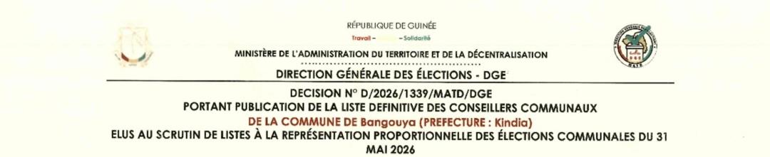 Publication des résultats définitifs de l’élection communale du 31 mai 2026 de la Préfecture de KINDIA