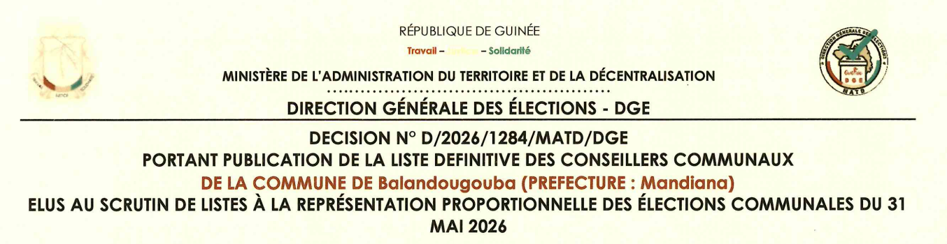 Publication des résultats définitifs de l’élection communale du 31 mai 2026 de la Préfecture de Mandiana