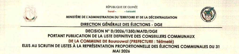 Publication des résultats définitifs de l’élection communale du 31 mai 2026 de la Préfecture de TELIMELE