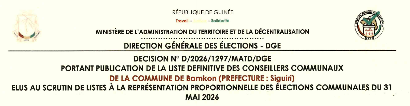 Publication des résultats définitifs de l’élection communale du 31 mai 2026 de la Préfecture de Siguiri