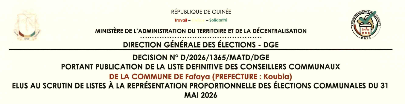 Publication des résultats définitifs de l’élection communale du 31 mai 2026 de la Préfecture de KOUBIA