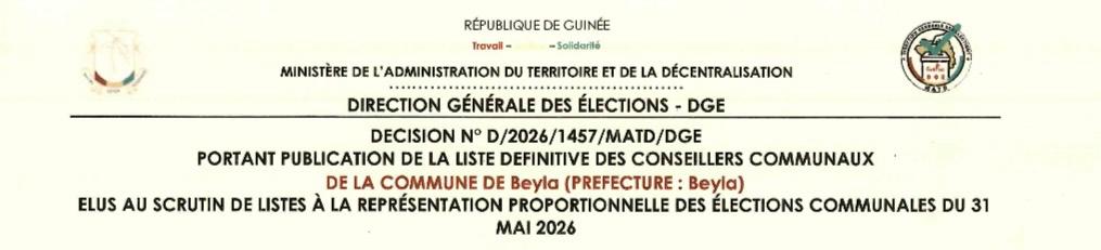 Publication des résultats définitifs de l’élection communale du 31 mai 2026 de la Préfecture de BEYLA