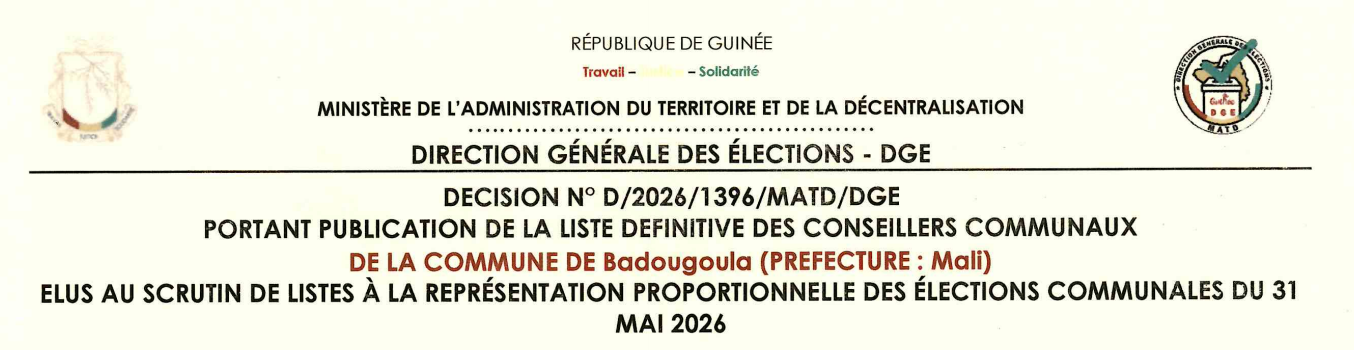 Publication des résultats définitifs de l’élection communale du 31 mai 2026 de la Préfecture de MALI
