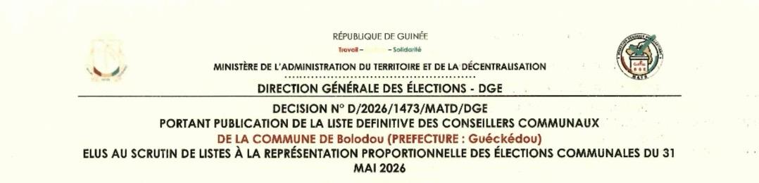 Publication des résultats définitifs de l’élection communale du 31 mai 2026 de la Préfecture de GUECKEDOU