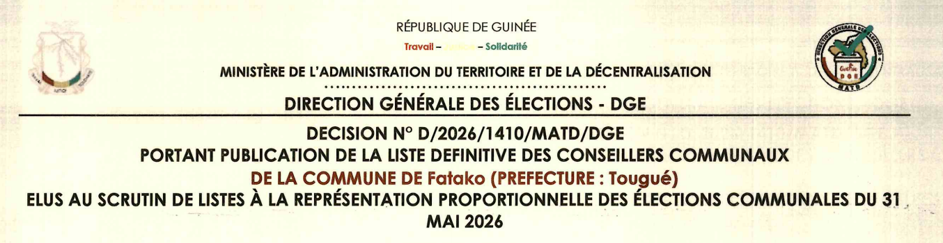 Publication des résultats définitifs de l’élection communale du 31 mai 2026 de la Préfecture de TOUGUÉ