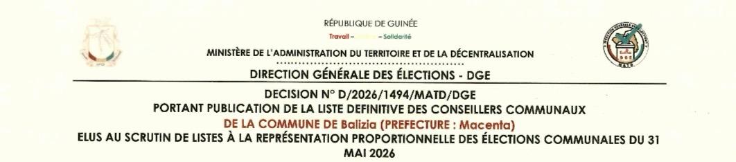 Publication des résultats définitifs de l’élection communale du 31 mai 2026 de la Préfecture de MACENTA