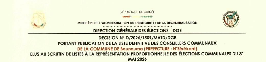 Publication des résultats définitifs de l’élection communale du 31 mai 2026 de la Préfecture de NZEREKORE